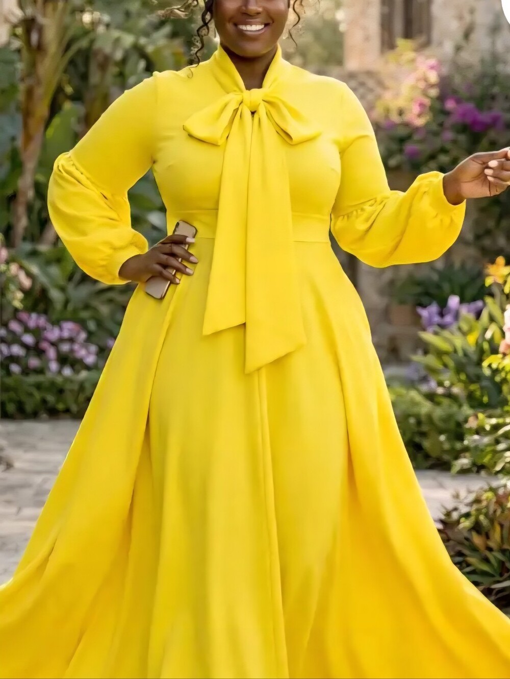 Women's Tie-Neck Long Sleeve Maxi Dress